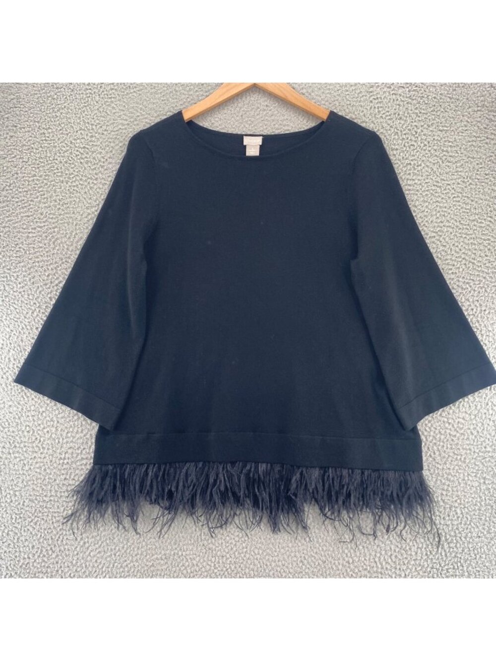 Chicos Sweater Womens 2 US Large Black Feather Fringe Boat Neck 3/4 Bell Sleeve
